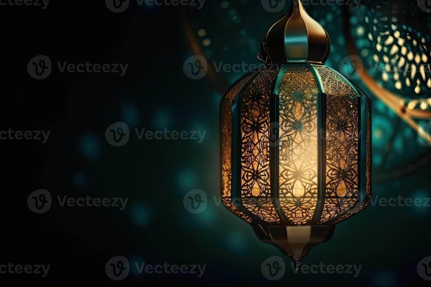 islâmico lanterna carrinhos com vela luz e árabe ornamento, Ramadã kareem verde fundo gerado ai foto