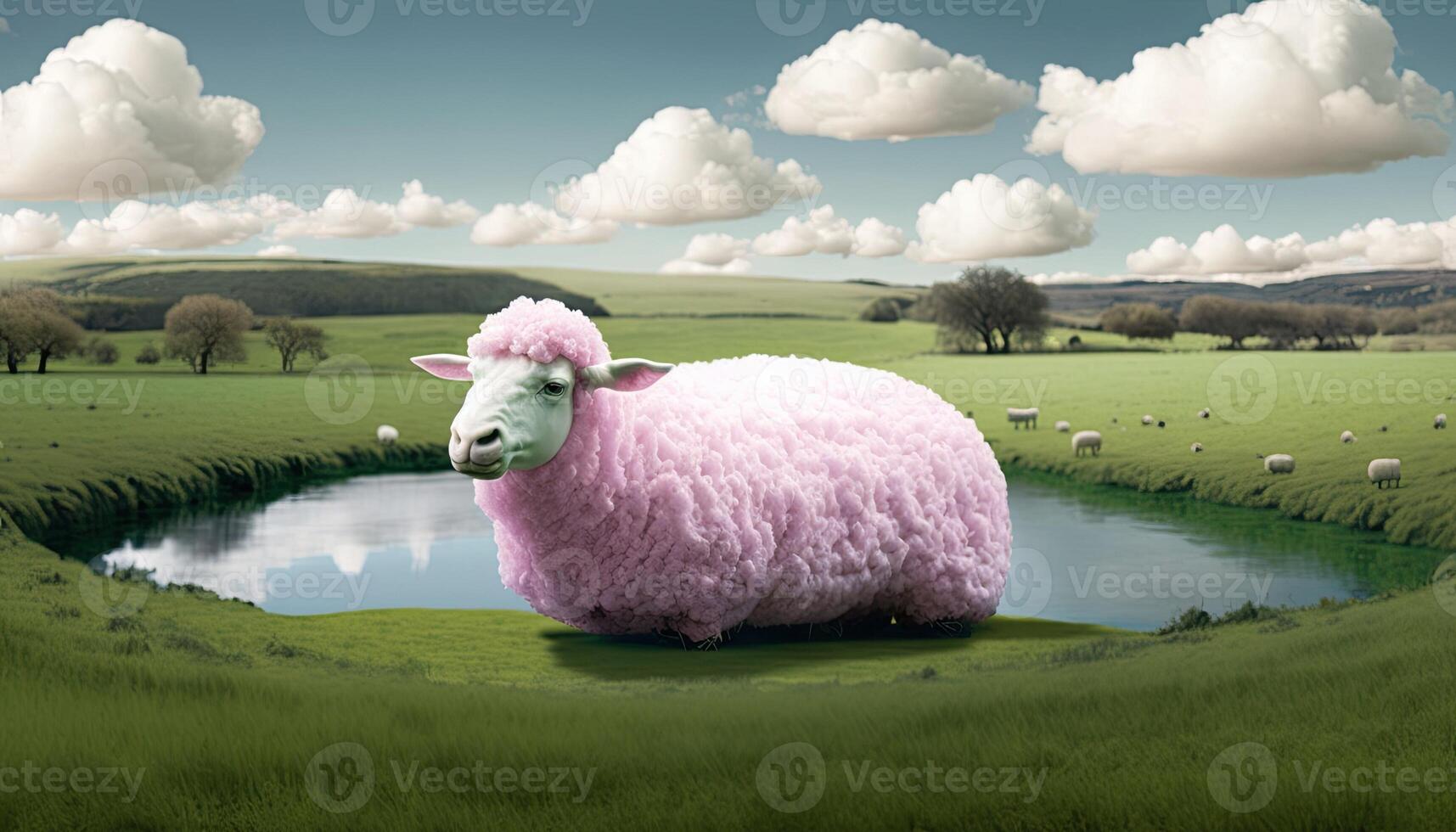 fofa engraçado fofo Rosa ovelha em uma verde Campos fantasia foto