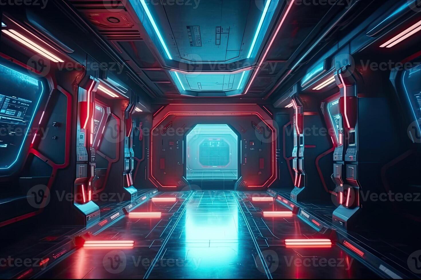 futurista corredor corredor túnel com néon claro. oi-tech ficção científica passagem nave espacial fundo ai gerado foto
