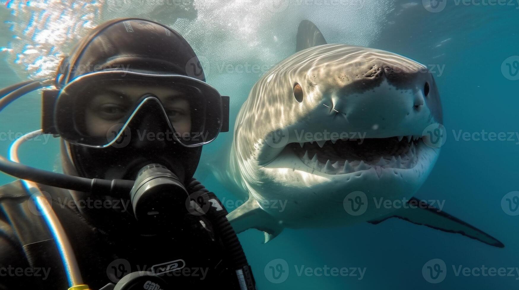 mergulhador selfie captura emocionante momento antes encontro com Tubarão. generativo ai foto