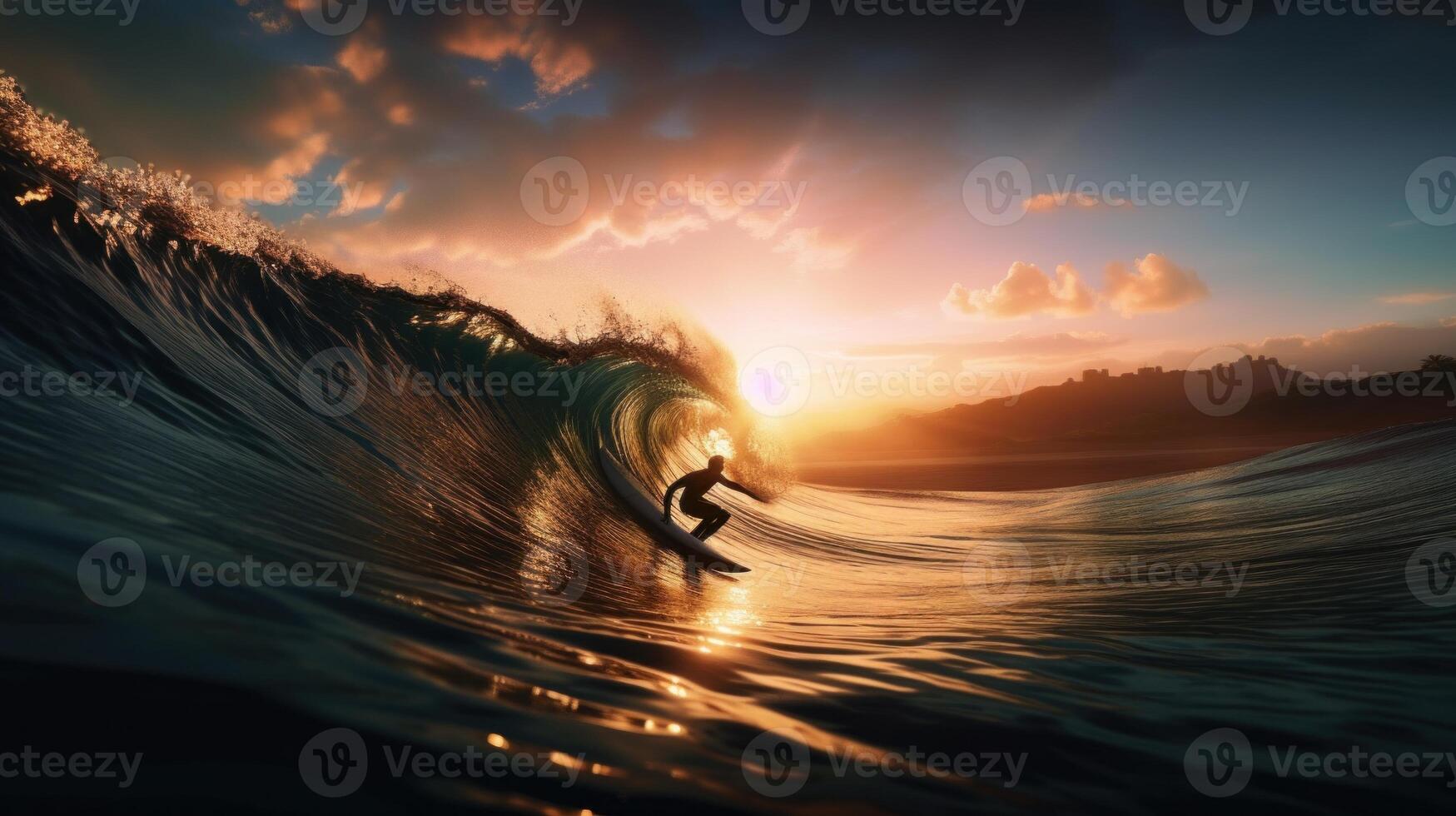 surfista silhueta equitação a pôr do sol aceno. generativo ai foto