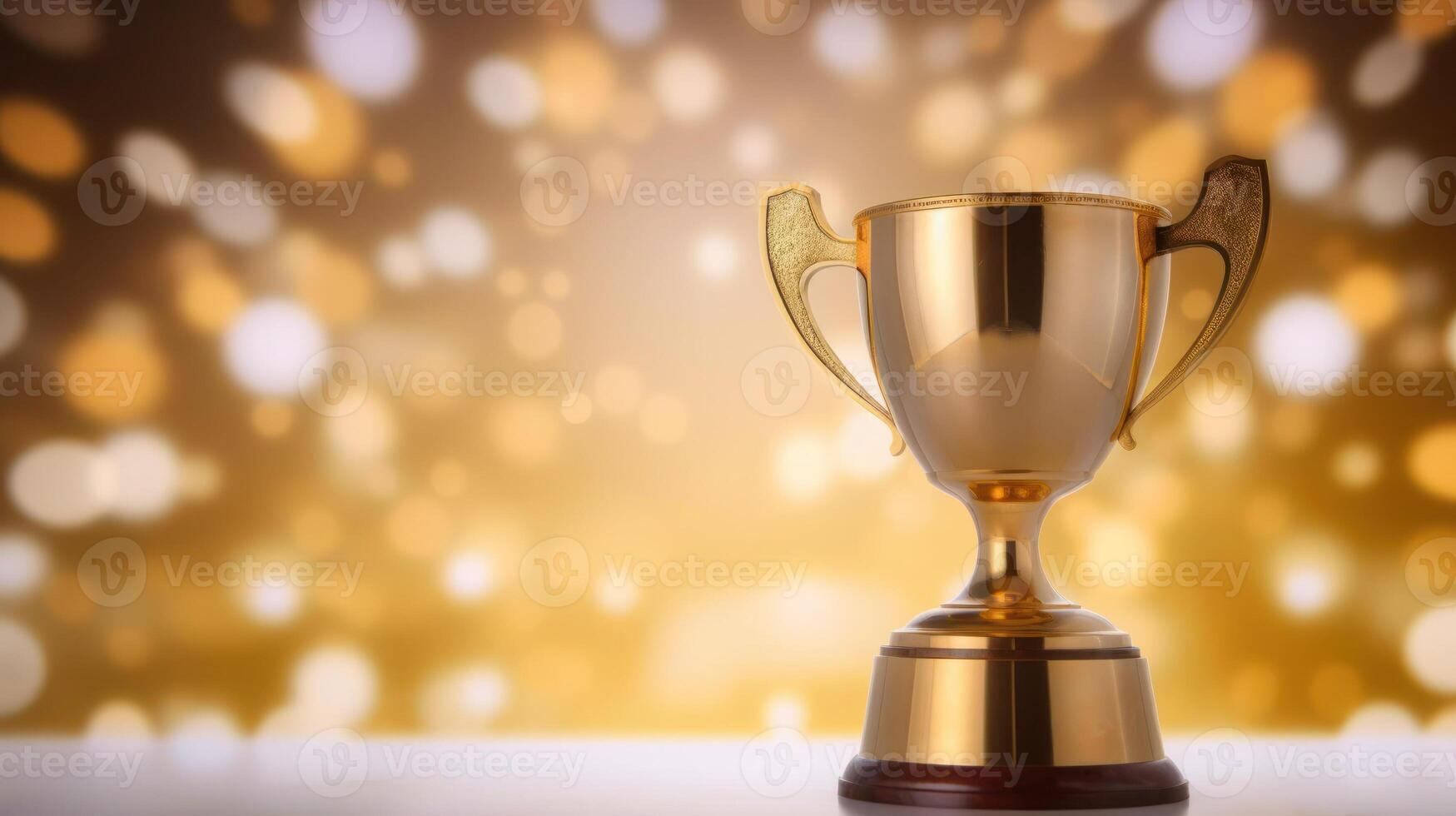 ouro troféu em mesa e embaçado bokeh fundo foto