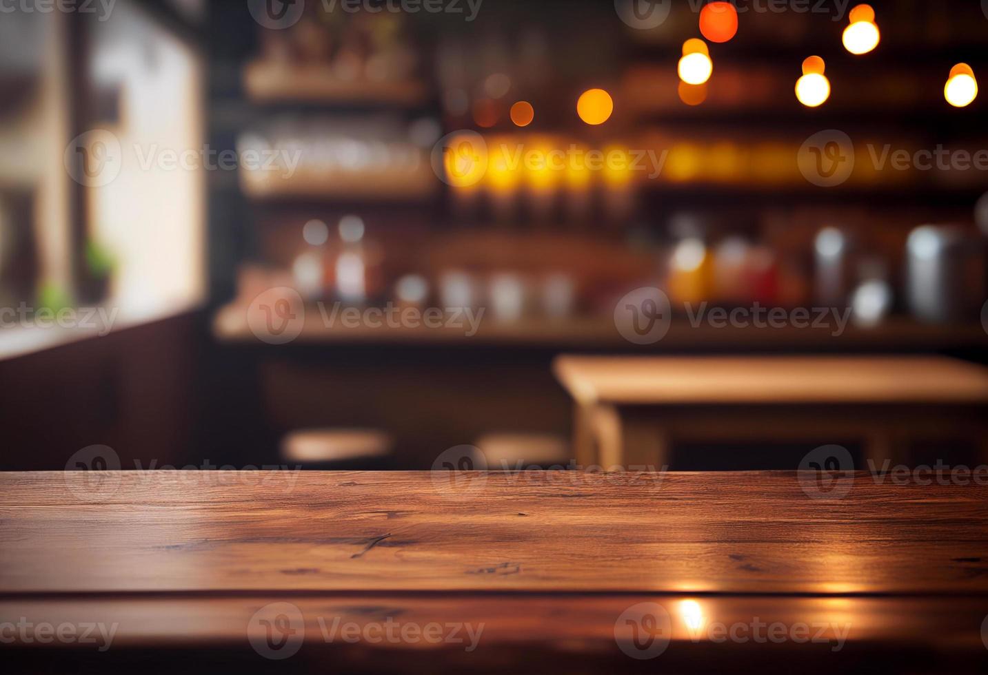 esvaziar de madeira mesa e borrado fundo do café fazer compras ou restaurante. para produtos exibição foto