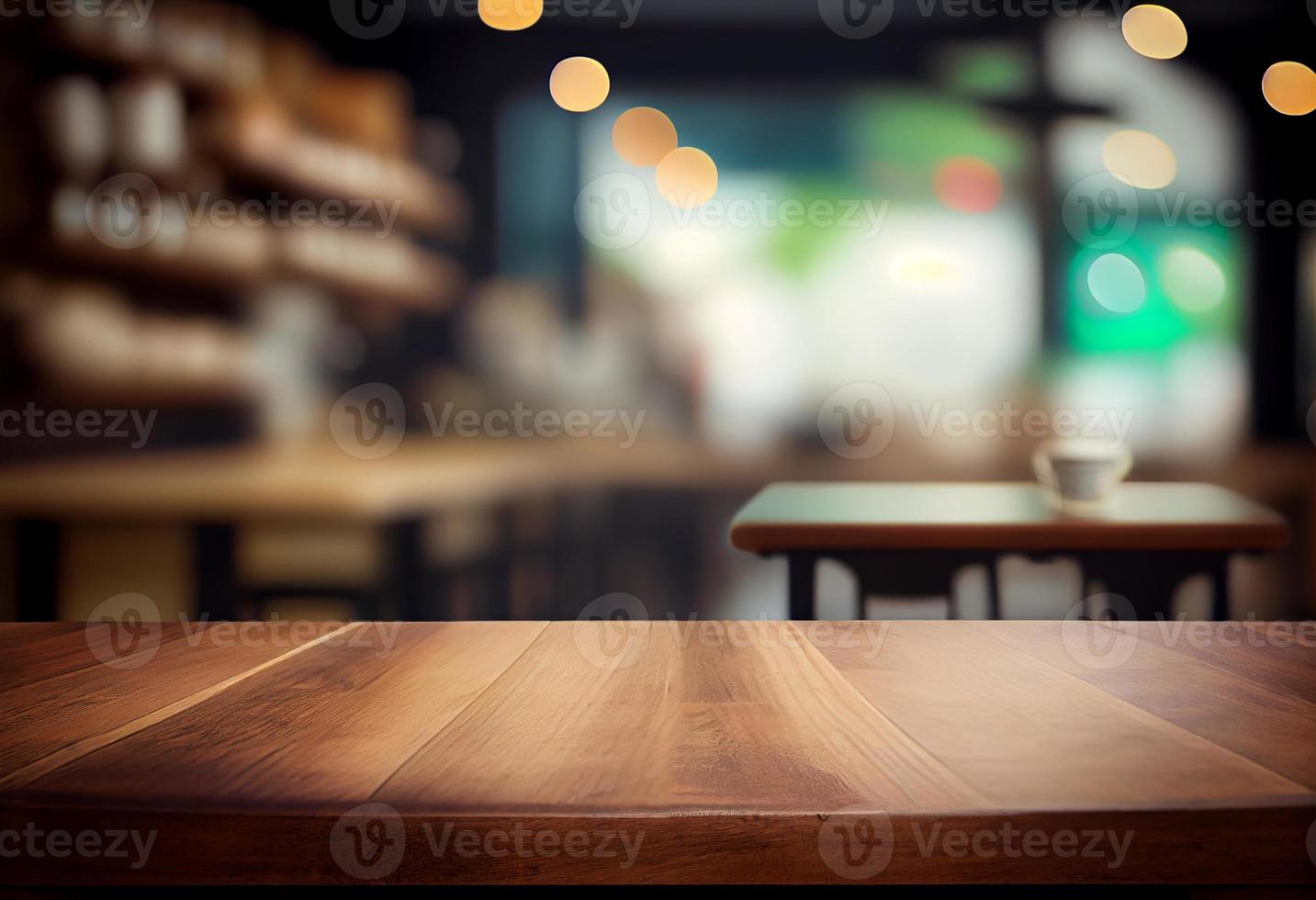 esvaziar de madeira mesa e borrado fundo do café fazer compras ou restaurante. para produtos exibição foto