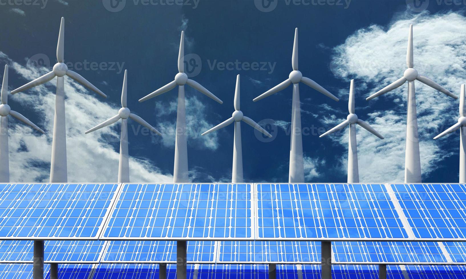 moinho de vento turbina painel solar célula energia poder eletricidade renovável meio Ambiente tecnologia ecologia alternativo azul céu nublado branco fotovoltaico verde azul gerador sustentável futuro.3d render foto