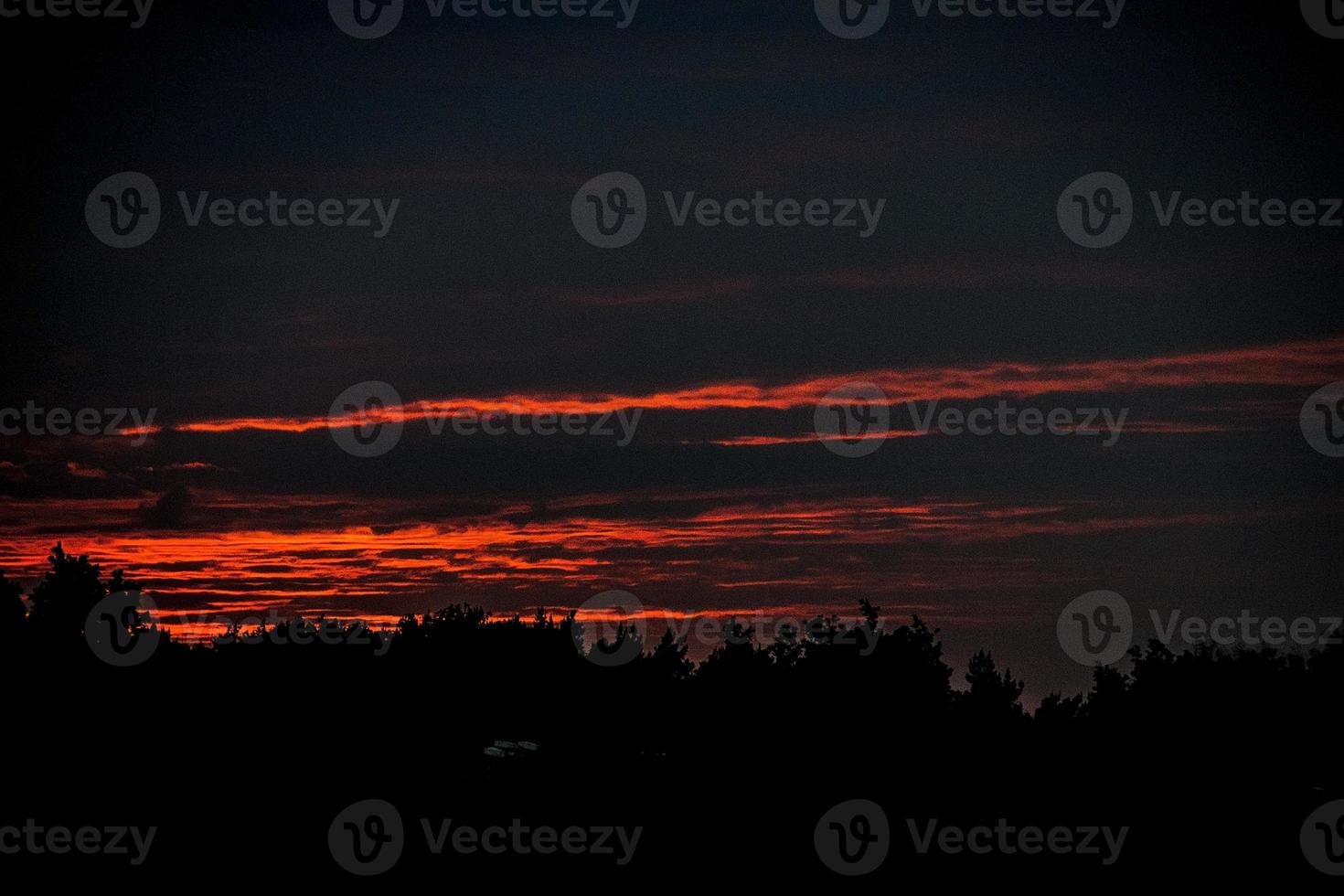 colorida pôr do sol com vermelho céu e árvores e nuvens foto