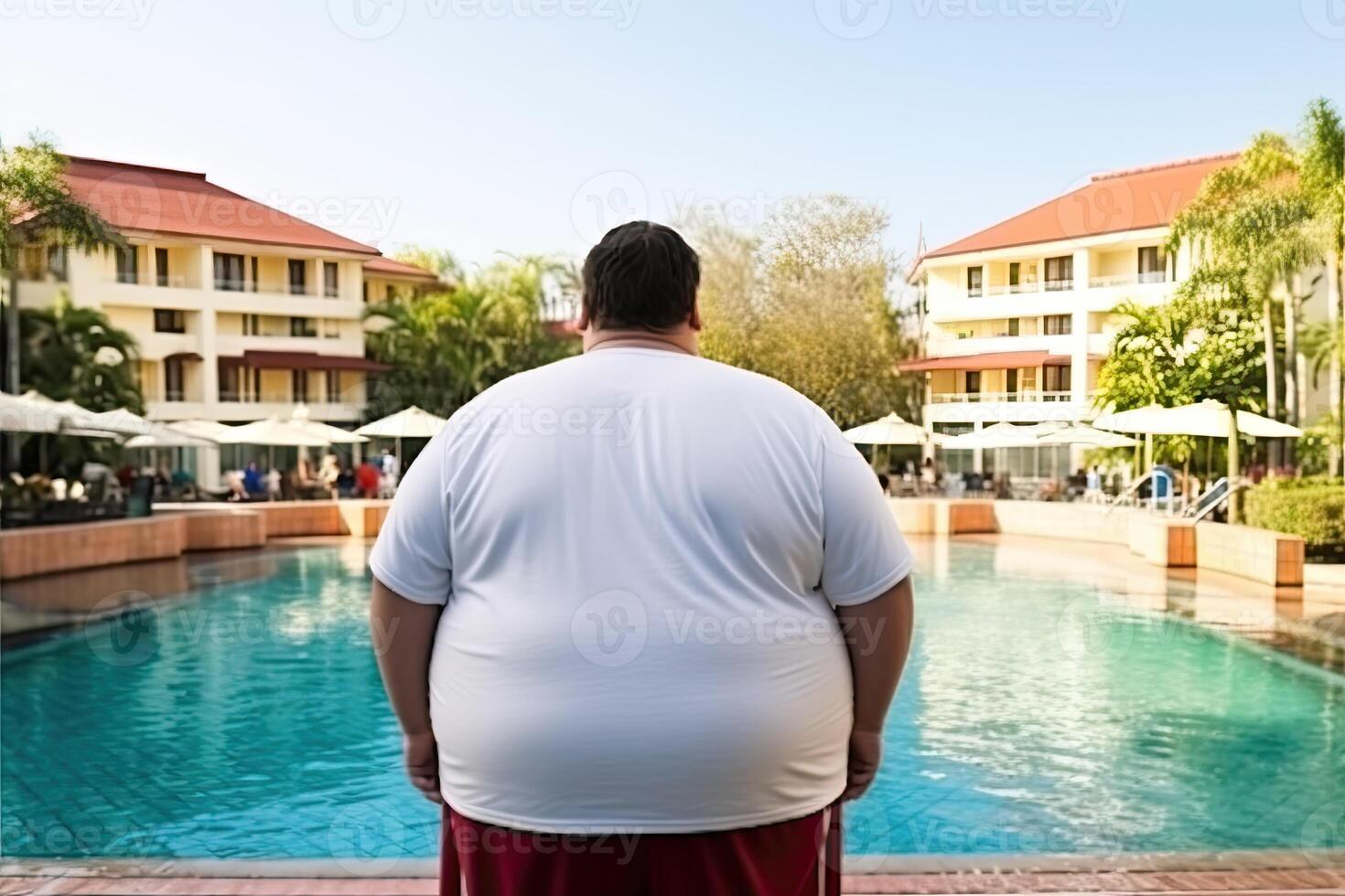 gordo homem às verão Férias perto natação piscina. obesidade problema. generativo ai foto