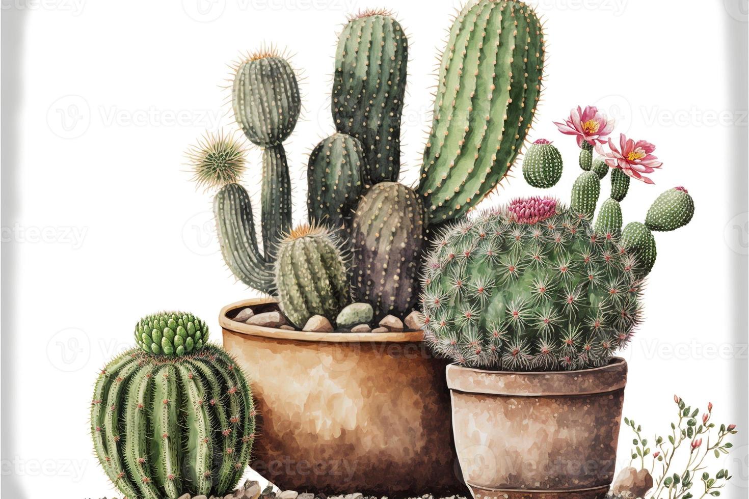 pintura vários cactos dentro em vaso plantas, branco fundo. ai digital ilustração foto