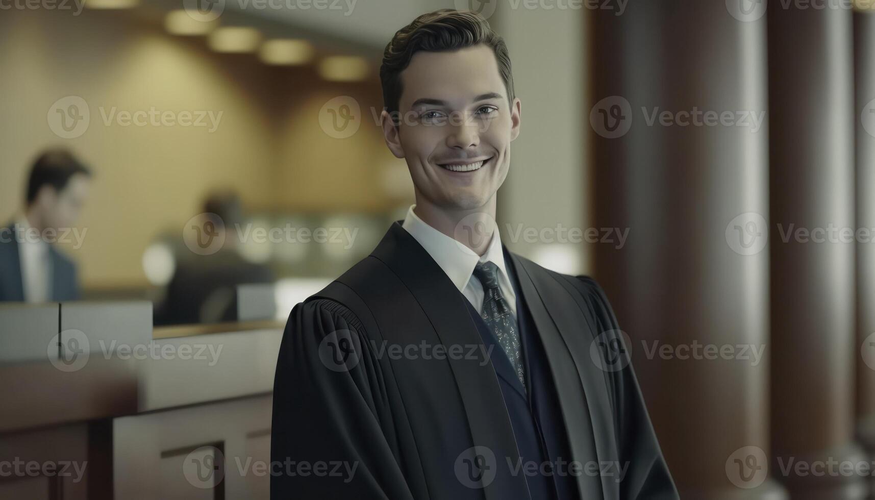 uma lindo sorridente masculino promotor vestindo promotor roupão dentro uma embaçado tribunal fundo ai gerado foto