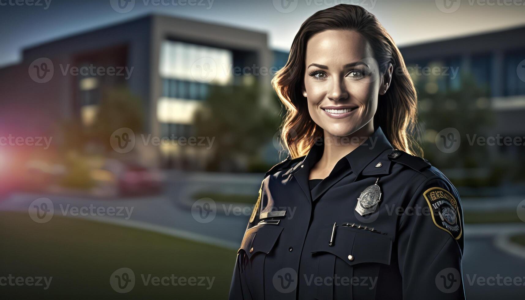 uma lindo sorridente jovem fêmea polícia ao lado do uma embaçado tráfego luz e polícia carro fundo ai gerado foto