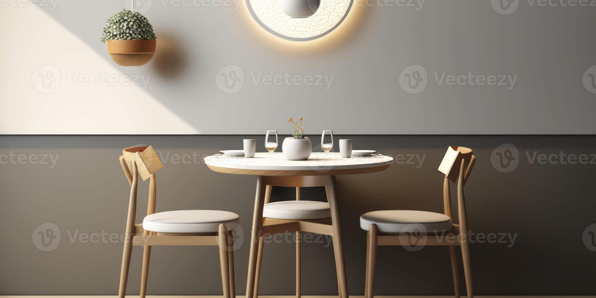 volta de madeira mesa e cadeiras uma moderno torção em jantar quarto Projeto ai gerado foto