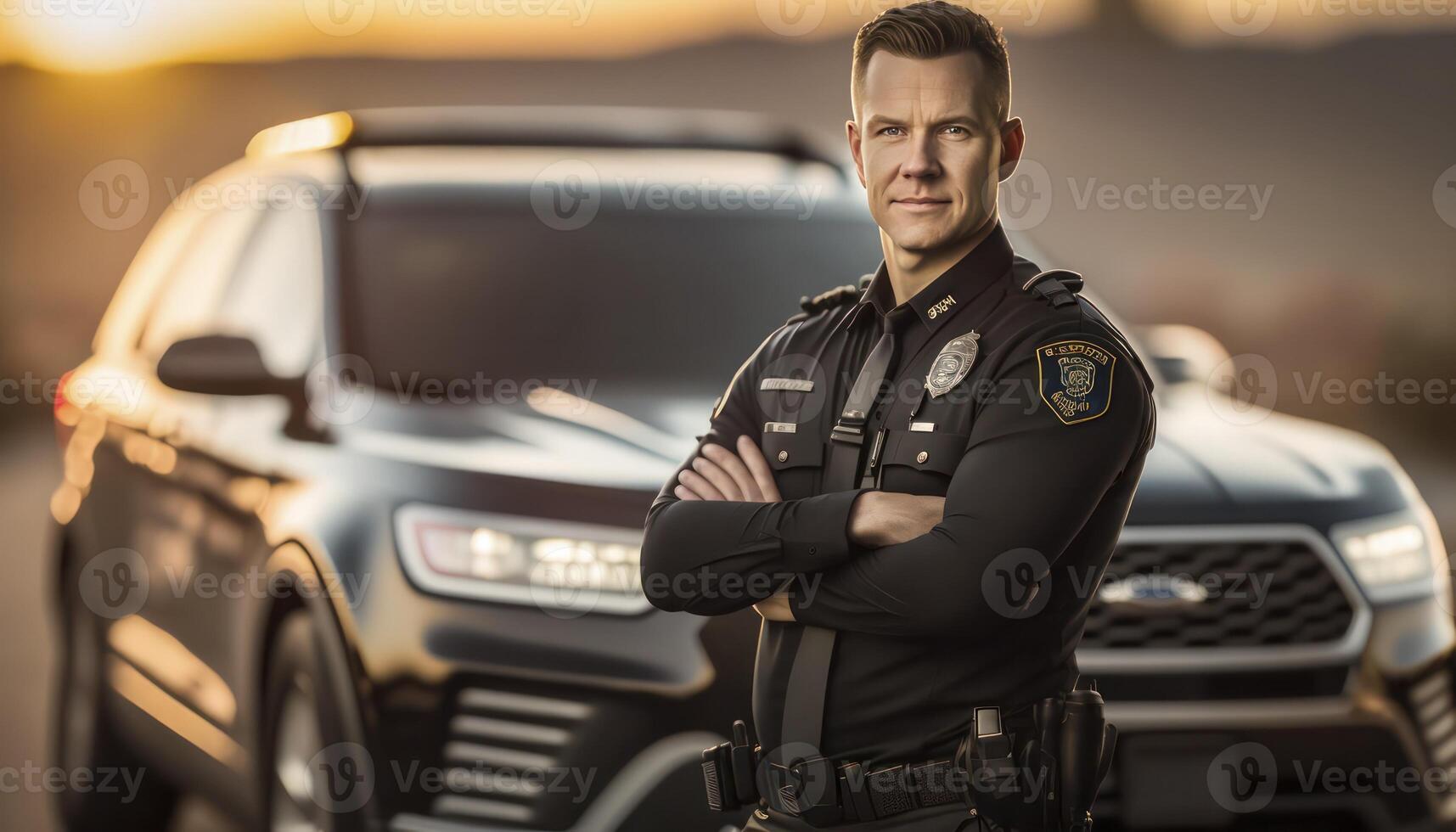 uma lindo sorridente jovem masculino polícia ao lado do uma embaçado tráfego luz e polícia carro fundo ai gerado foto