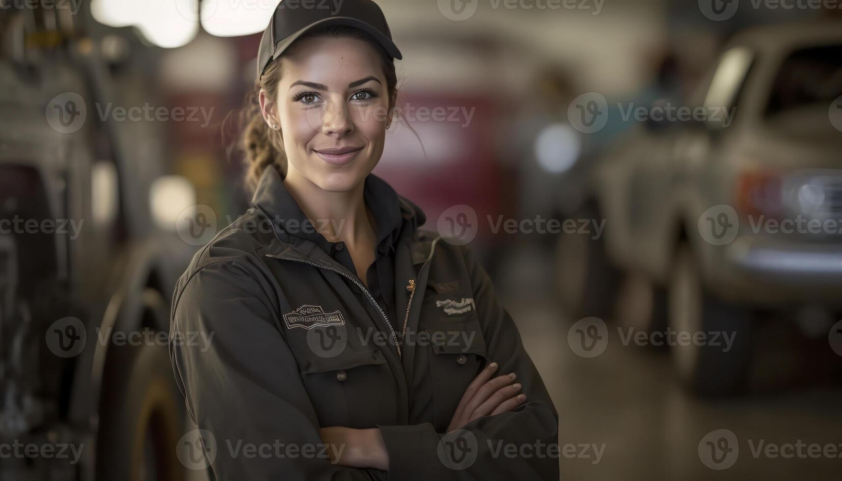 uma lindo sorridente jovem fêmea mecânico dentro frente do a auto reparar fazer compras fundo ai gerado foto