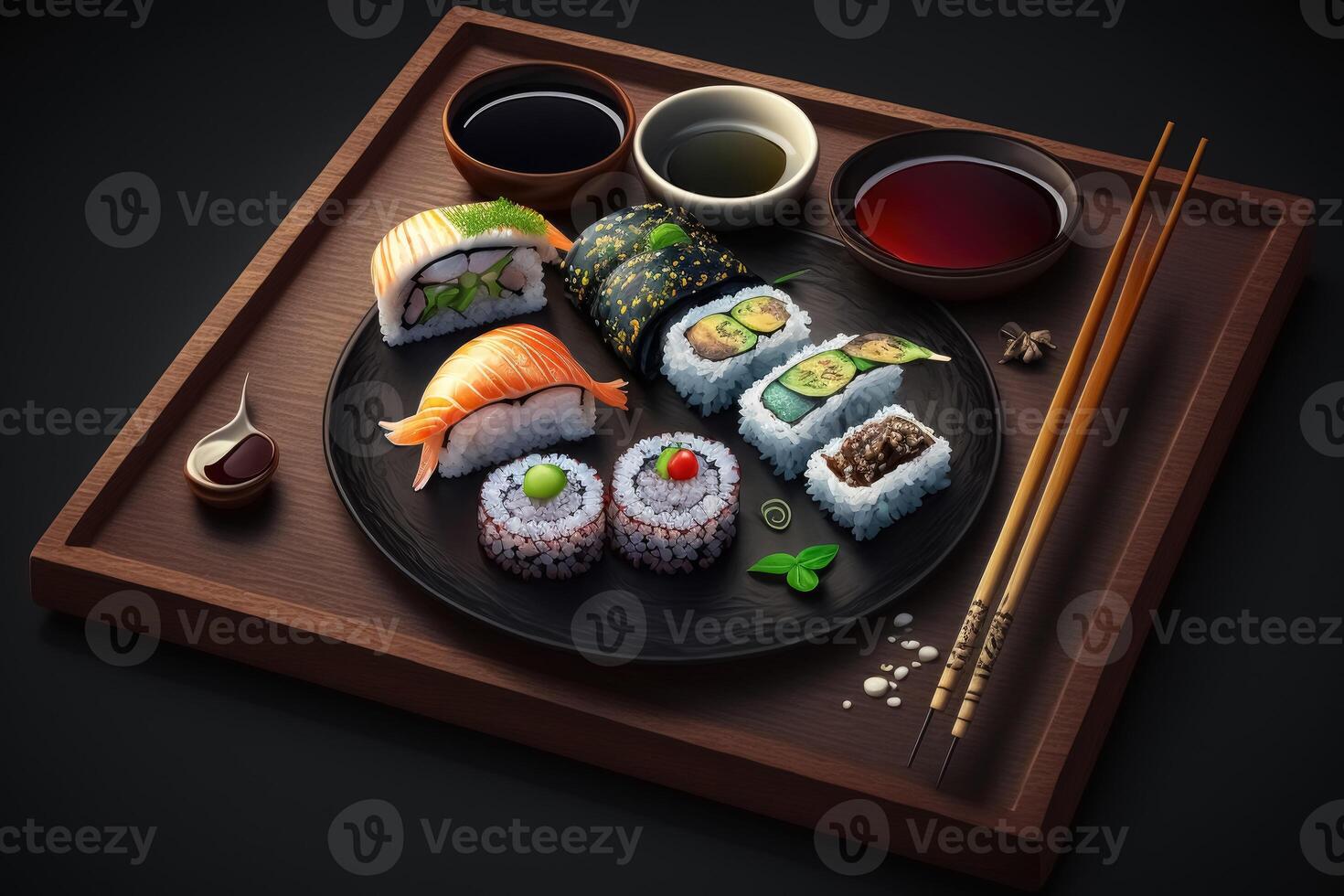 muito saboroso Sushi servido em uma Sombrio de madeira prato com pauzinhos e molhos criada com generativo ai tecnologia foto