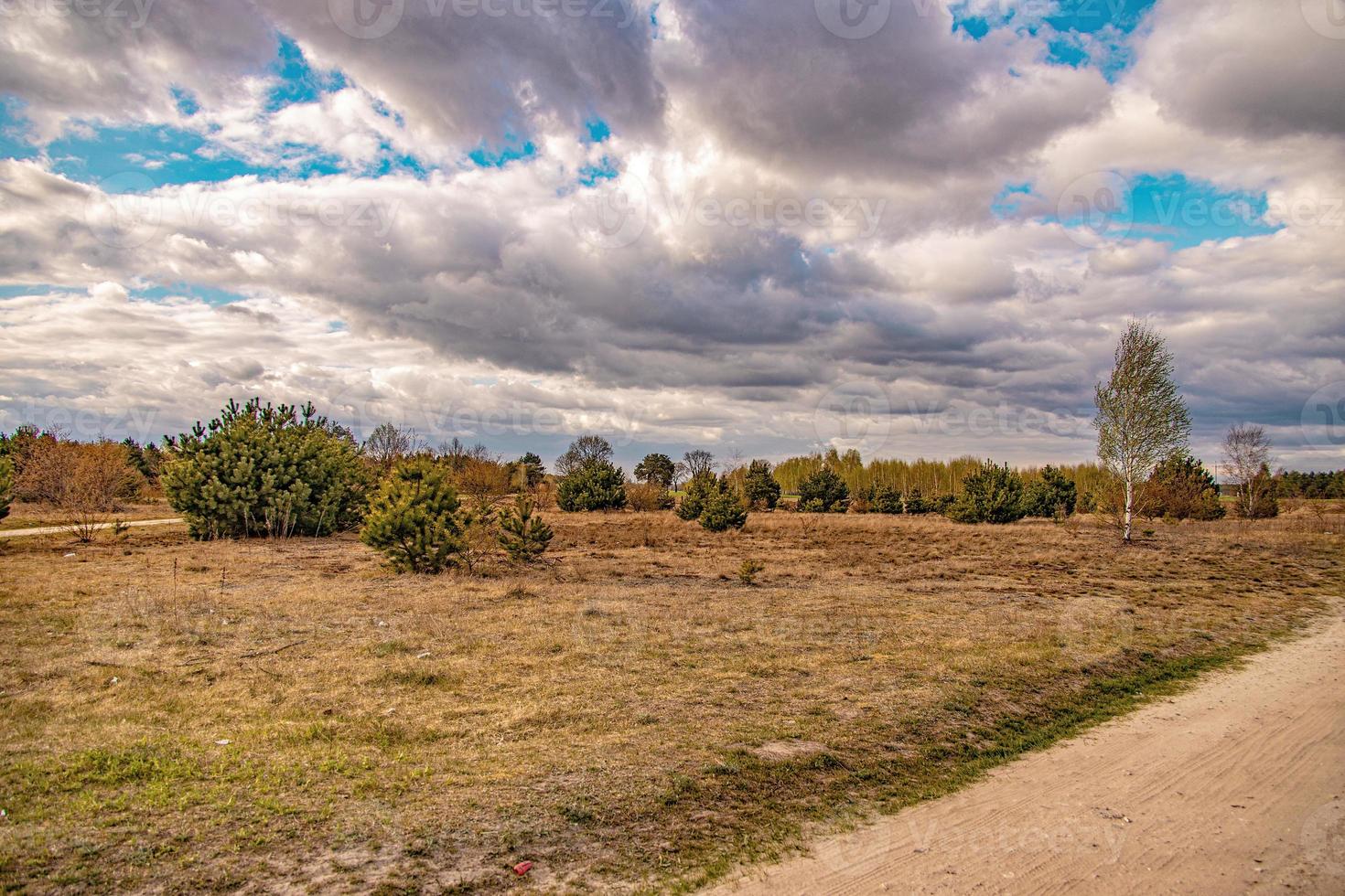 Primavera panorama com uma sujeira estrada, Campos, árvores e céu com nuvens dentro Polônia foto