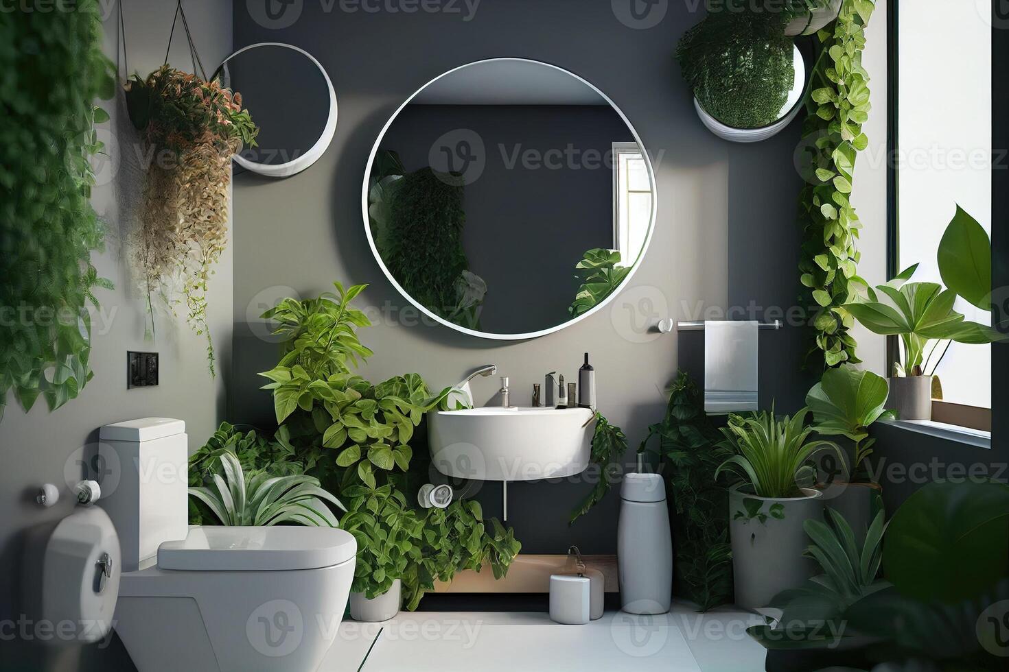 uma moderno confortável banheiro interior decorado com verde plantas. generativo ai. digital arte ilustração foto