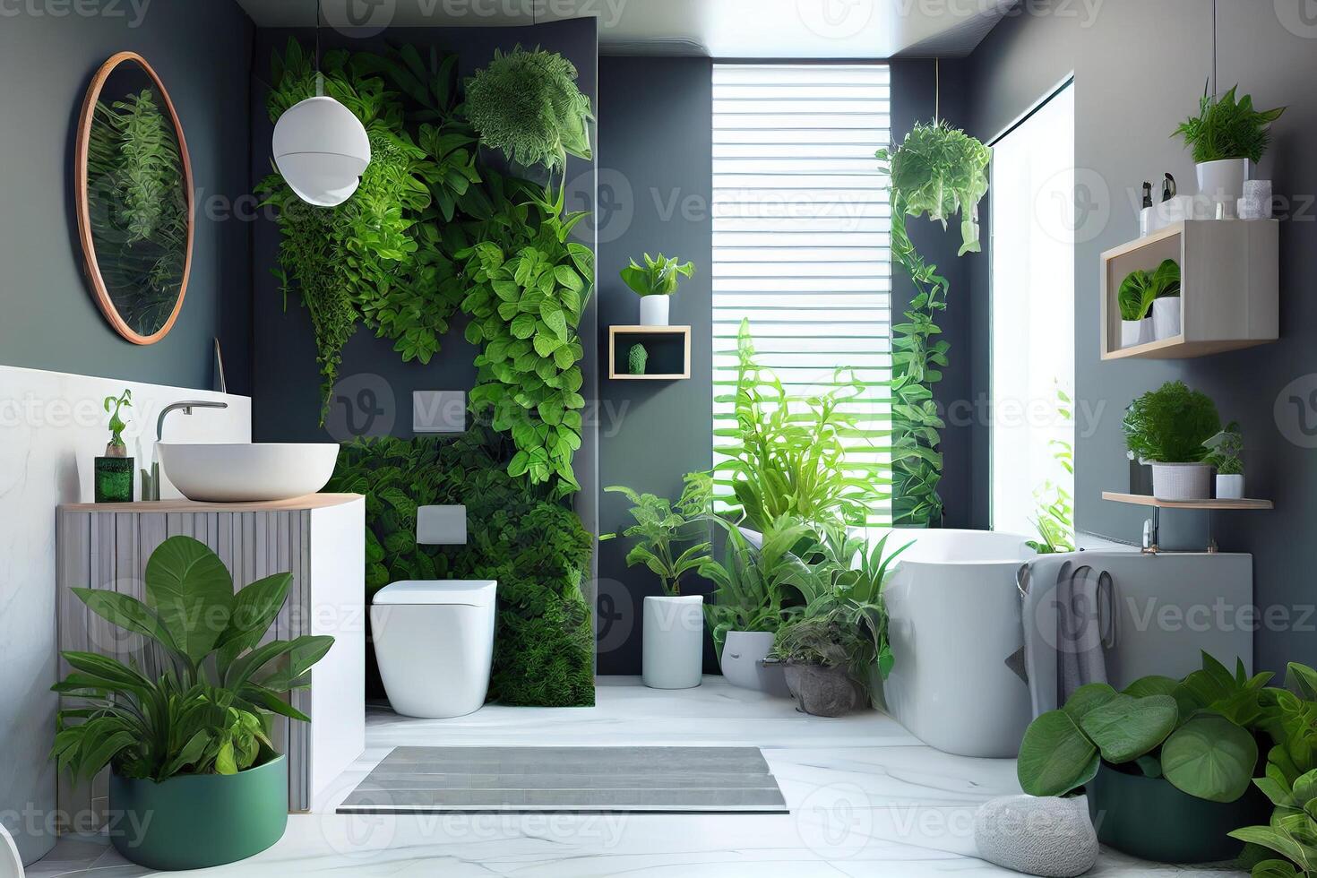 uma moderno confortável banheiro interior decorado com verde plantas. generativo ai. digital arte ilustração foto