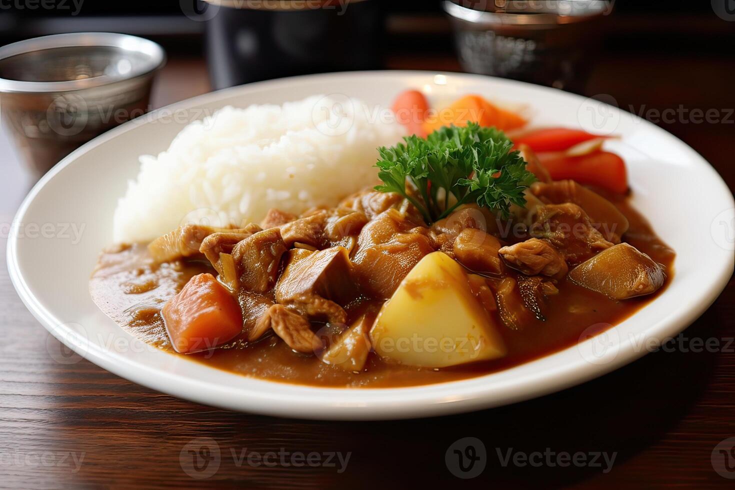 japonês comum Curry arroz batatas, cenouras, cebolas e carne dentro picante amarelo Curry servido com cozido no vapor arroz. generativo ai foto