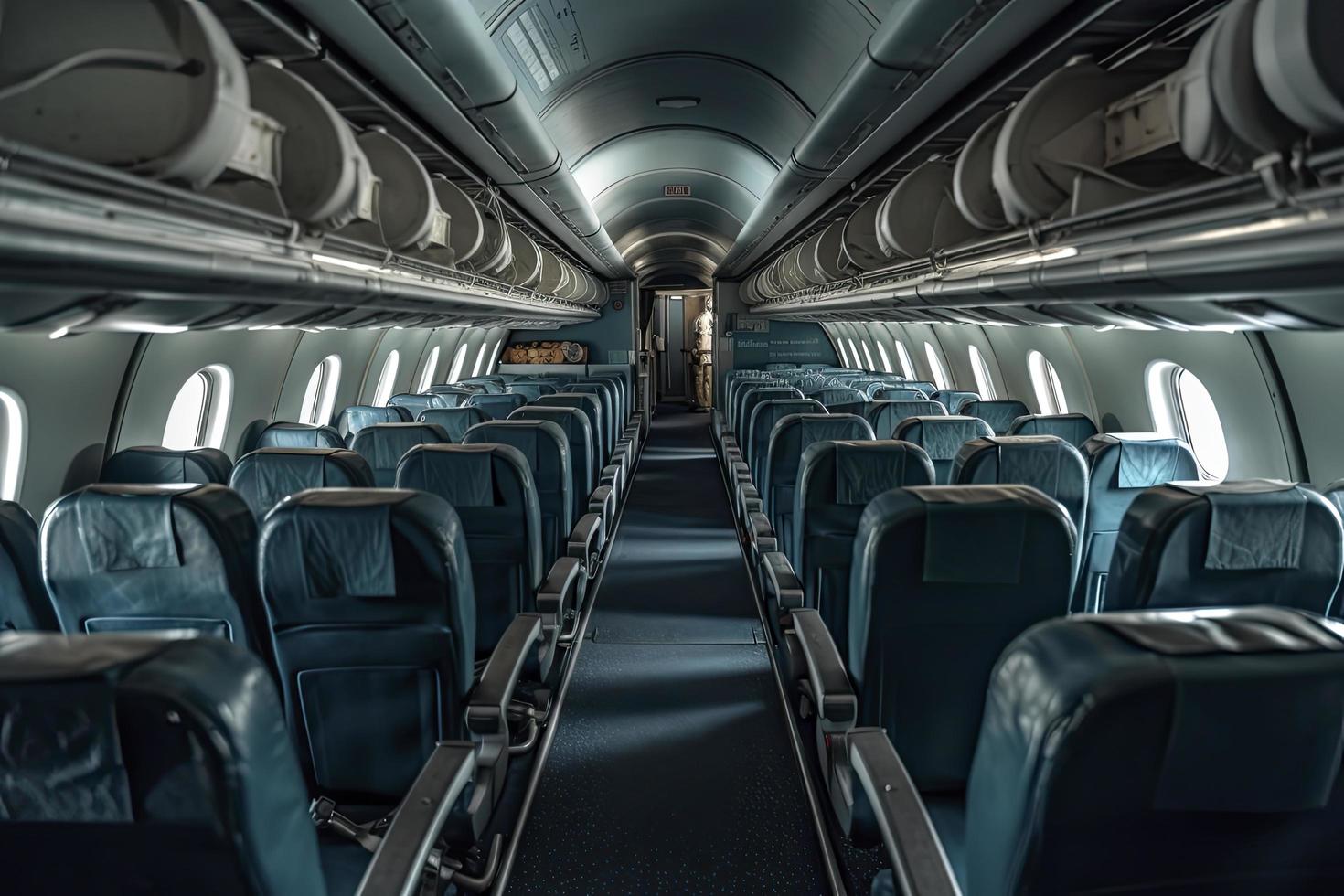 interior do a avião cabine com confortável assentos, a sobrecarga compartimentos foto
