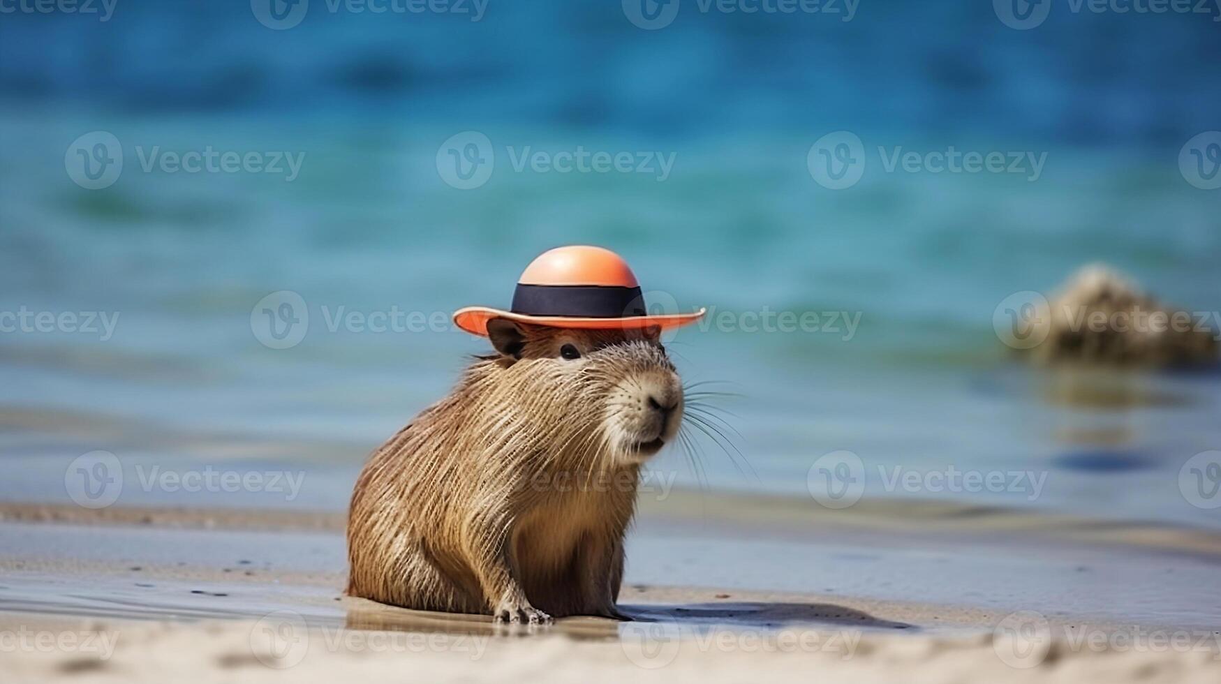 ai gerado fofa capivara dentro laranja chapéu em repouso em costa do mar ou rio animais tema Hydrochoerus hydrochaeris generativo ai foto