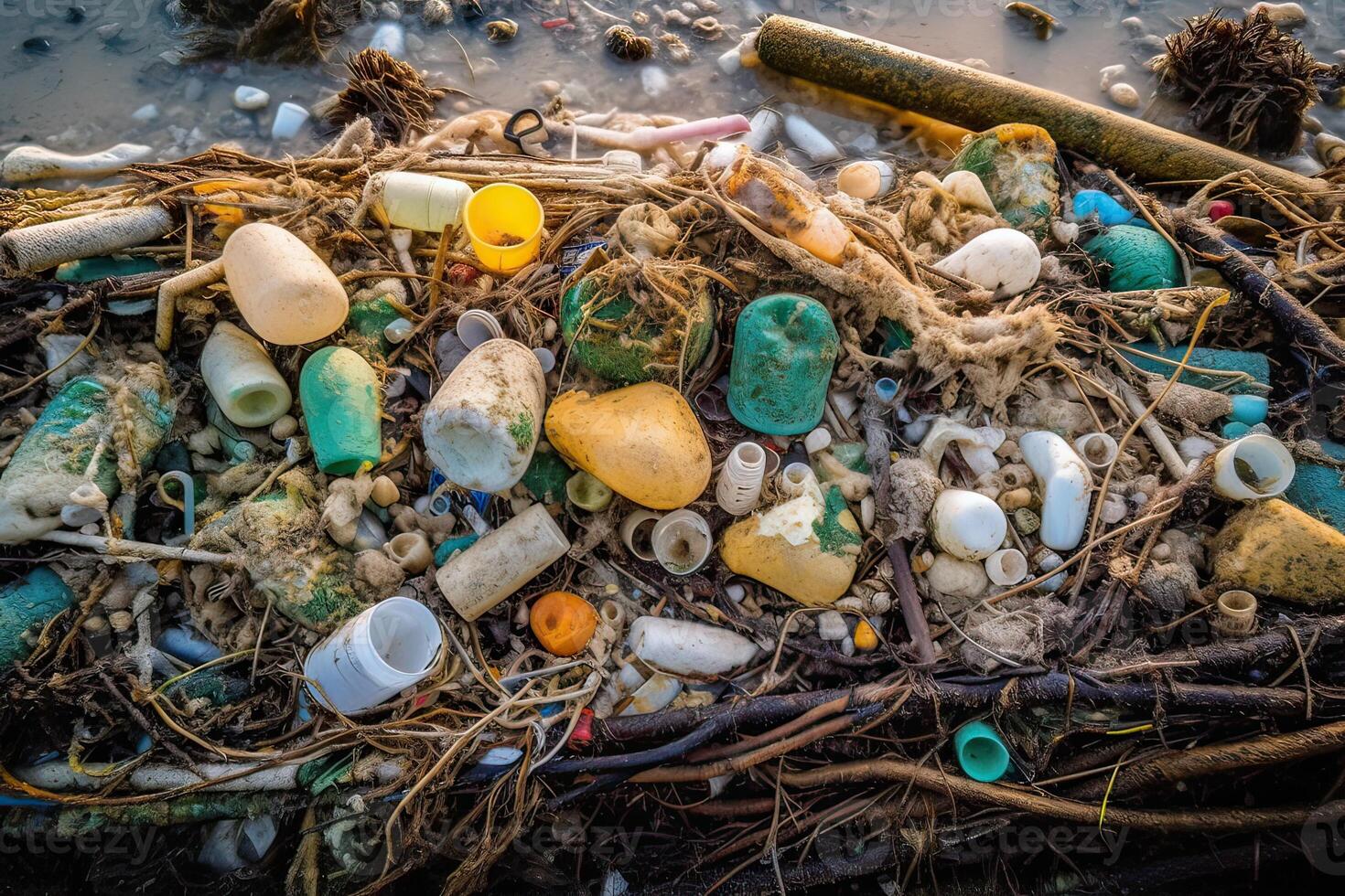 derramado lixo em a de praia do a grande cidade. esvaziar usava sujo plástico garrafas. sujo mar arenoso costa a Preto mar. de Meio Ambiente poluição. ecológico problema. generativo ai. foto