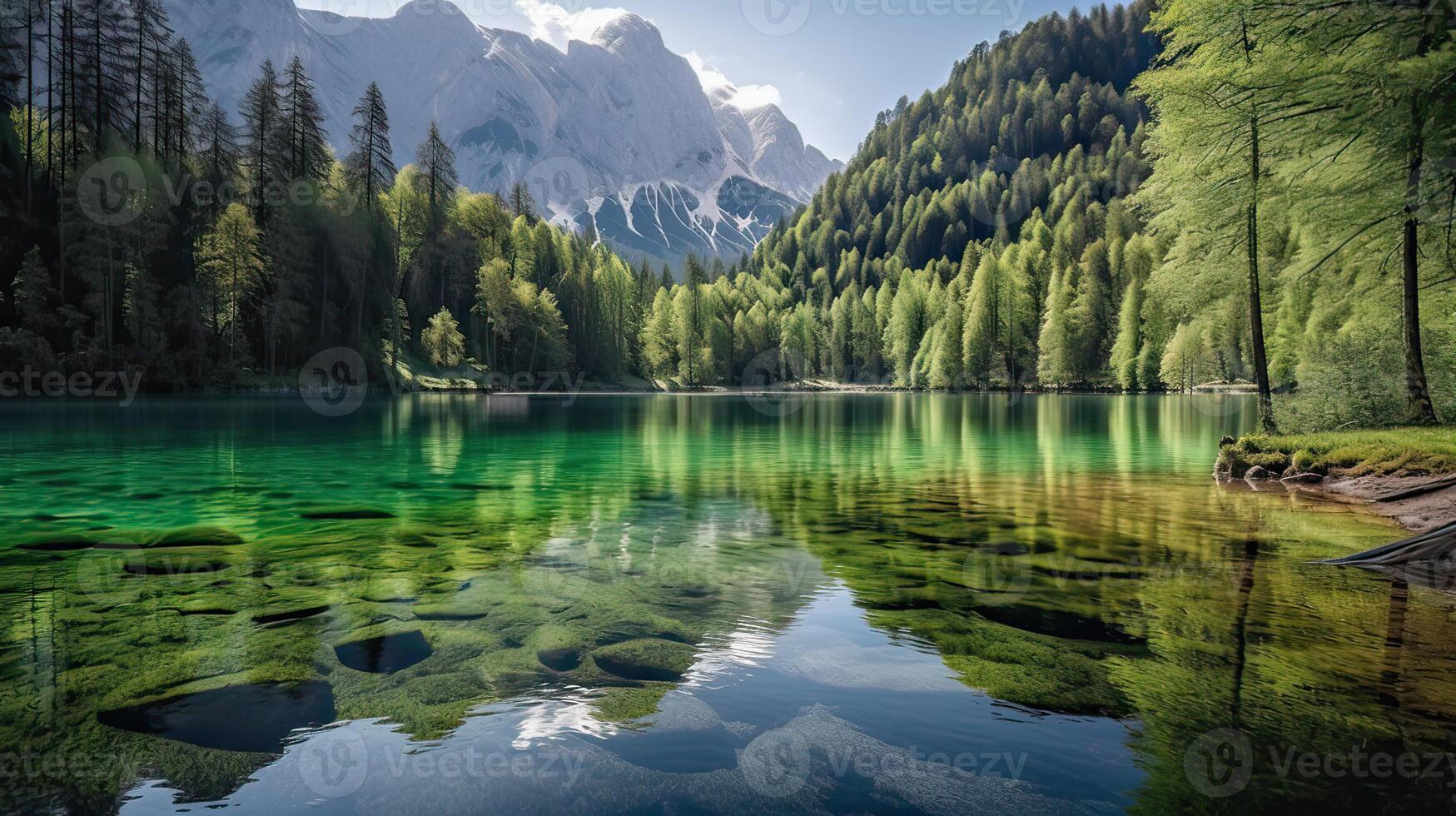 lindo verde floresta com uma lago e neve limitado montanhas dentro a fundo. generativo ai. foto
