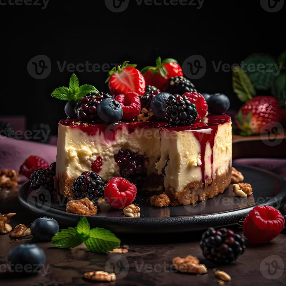 bolo de queijo com fresco bagas em Sombrio fundo. generativo ai. foto