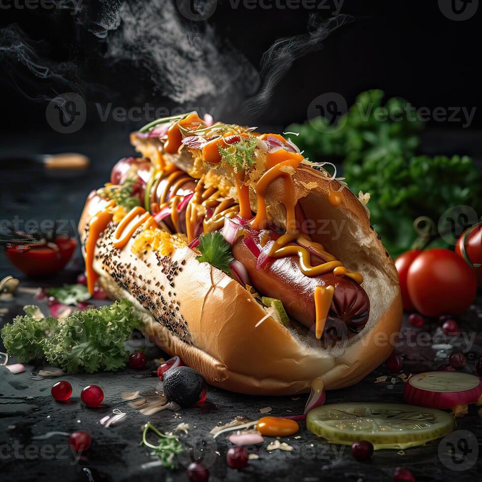 quente cachorro com frito salsicha, legumes e molho em uma Sombrio fundo. lado visualizar. generativo ai. foto