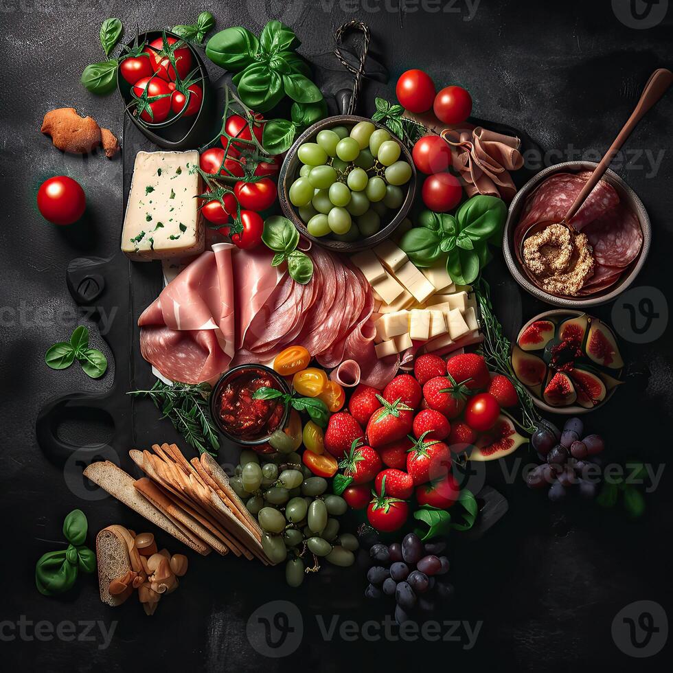 antipasto prato com presunto, prosciutto, salame, queijo, tomate, morangos e legumes em Sombrio fundo. aperitivos mesa com italiano antipasti lanches. topo visualizar. generativo ai. foto