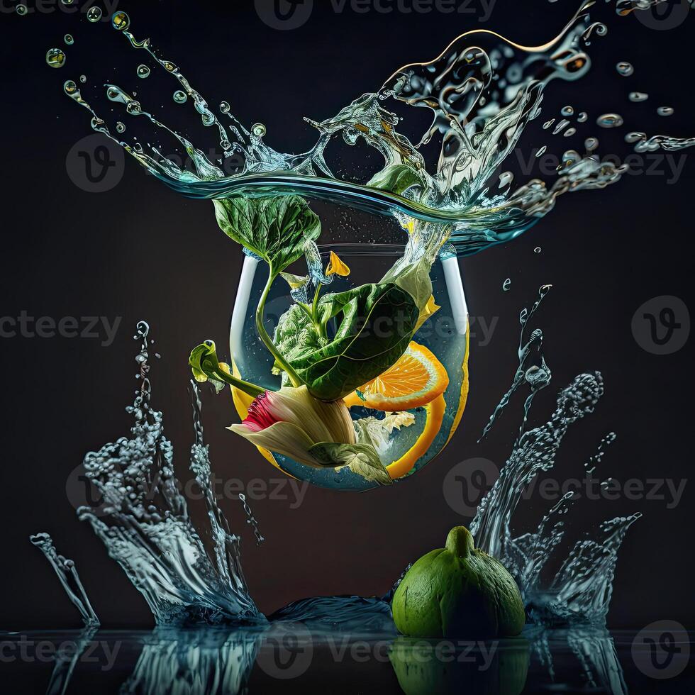 respingo do água dentro uma vidro do limpar \ limpo água com frutas. a conceito do natural limpar \ limpo água. generativo ai. foto