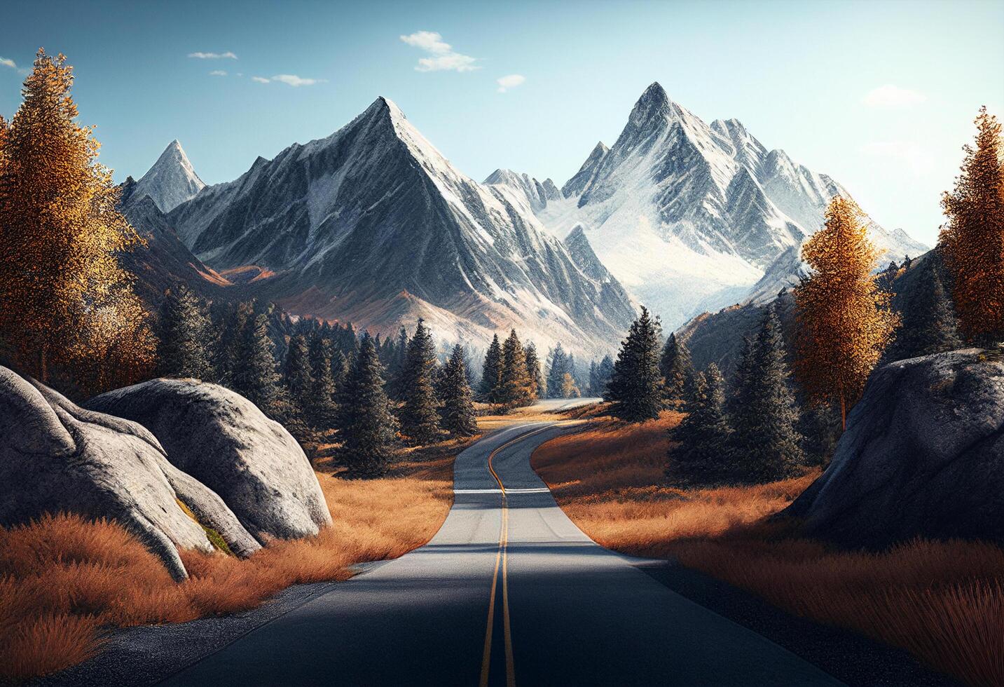 montanha estrada com pinho árvores e azul céu. 3d Renderização generativo ai foto