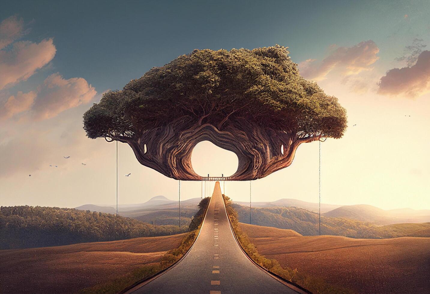 conceptual imagem do estrada dentro a Formato do uma árvore. generativo ai foto
