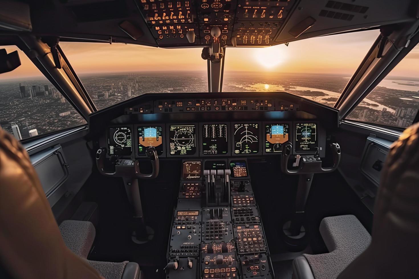 cockpit do moderno passageiro jato aeronaves. pilotos às trabalhar. aéreo Visão do moderno cidade o negócio distrito e pôr do sol céu foto
