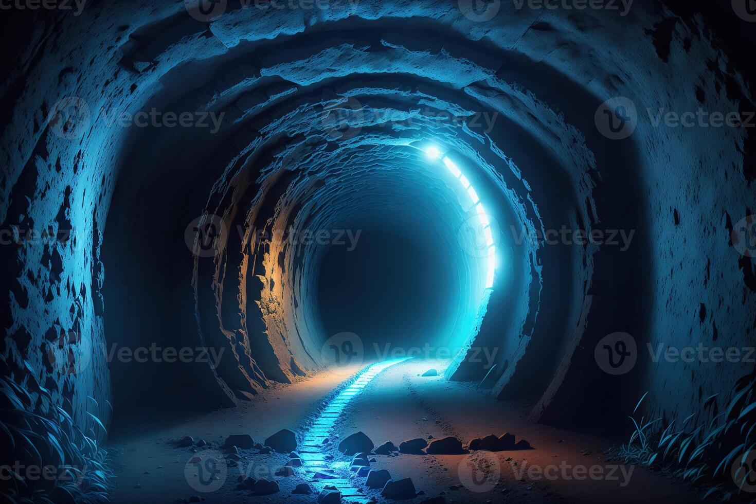 uma Sombrio túnel com uma azul luz e uma azul luz ai gerado foto