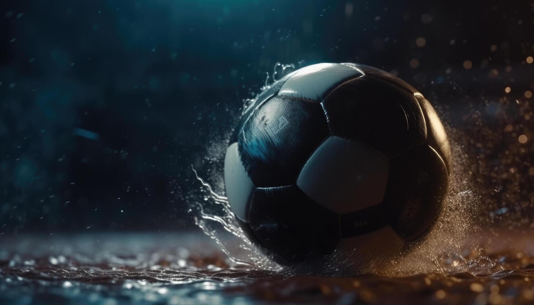 futebol bola em pé dentro meio do futebol campo dentro chuvoso clima debaixo tarde holofotes. generativo ai foto