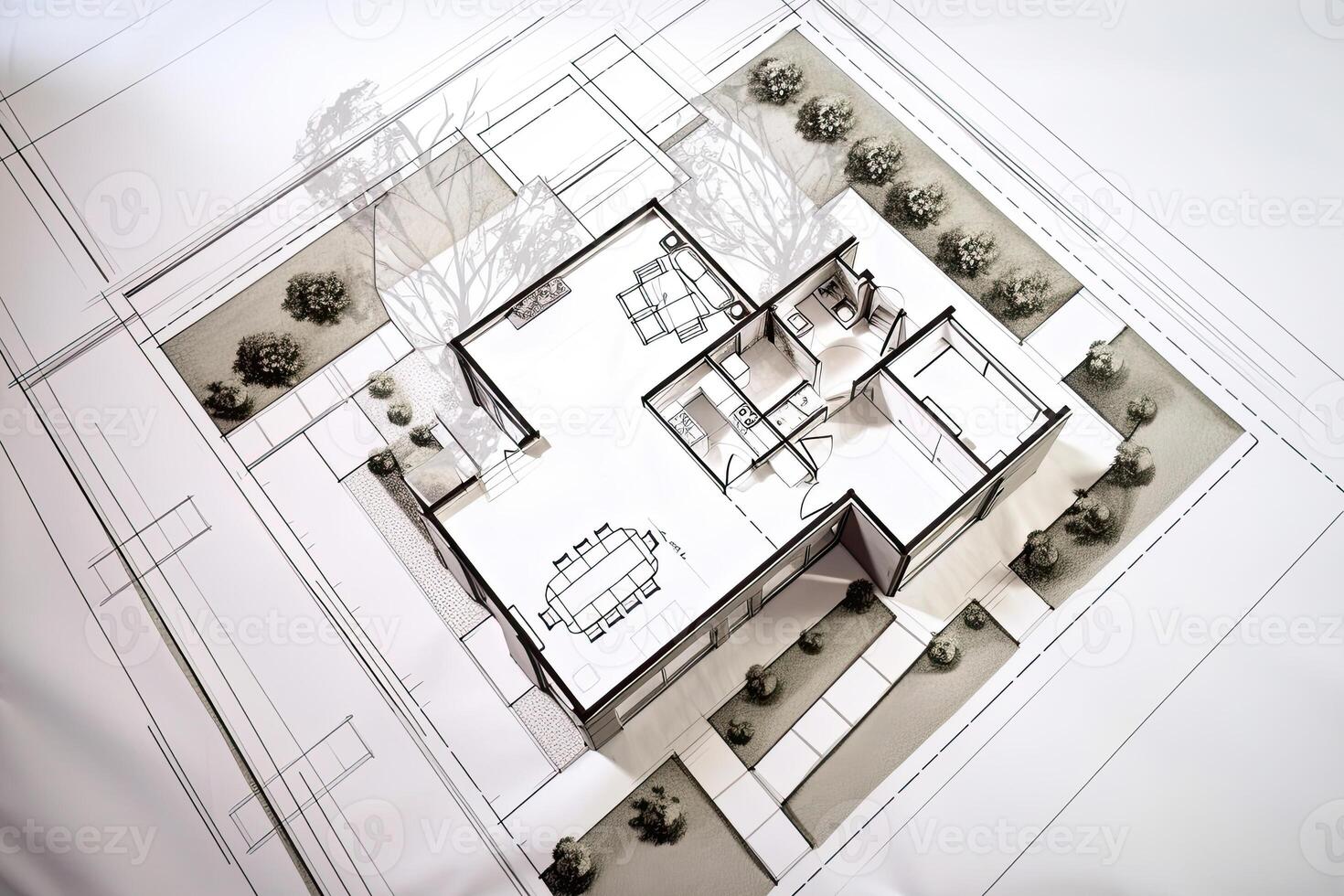 arquitetônico plano em branco papel. técnico projeto do vivo sala. desenhando para construção. criada com generativo ai foto