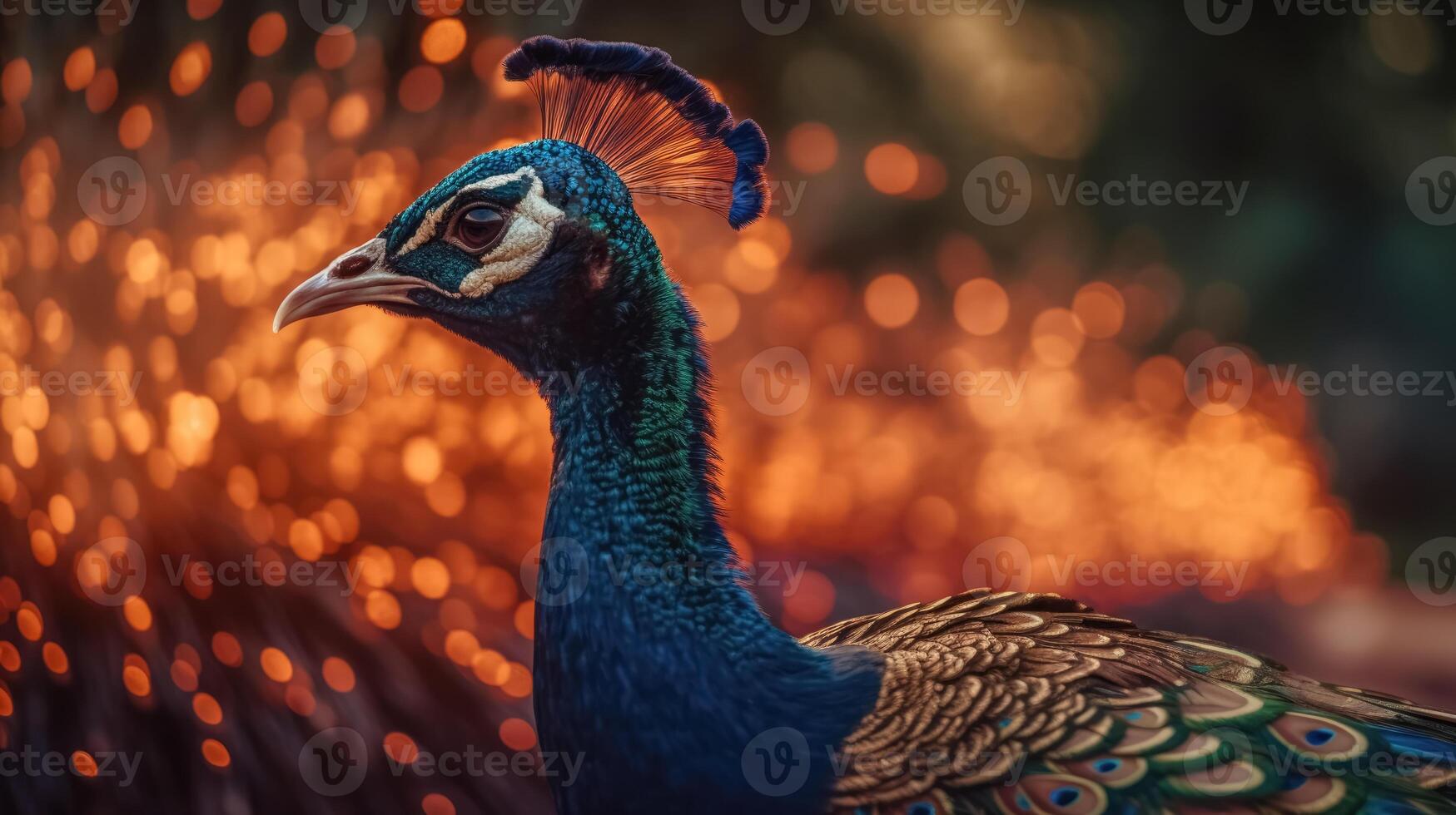 elegante colorida retrato do uma pavão às pôr do sol. ai gerado foto