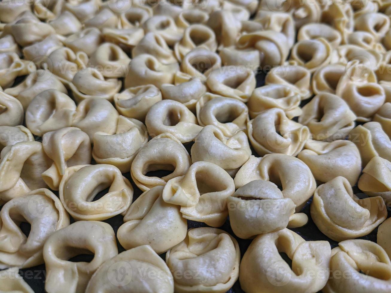 uma fechar acima topo Visão tiro do cru tortellini com branco cogumelos textura Comida fotografia foto