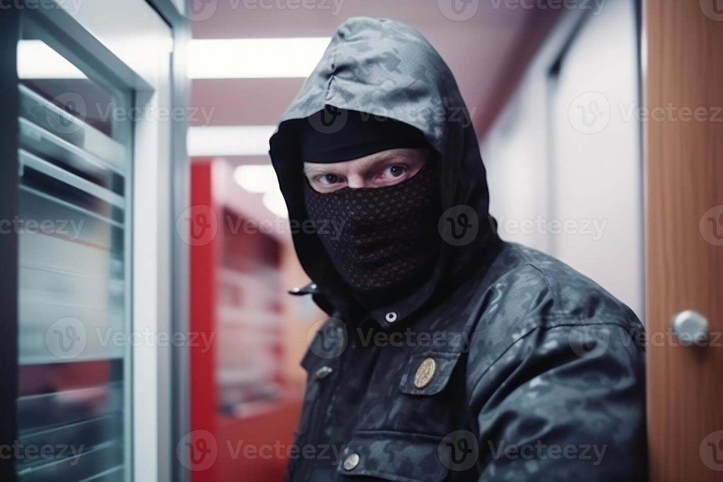 ladrão dentro balaclava, ladrao vigarista dentro Preto face mascarar generativo ai foto