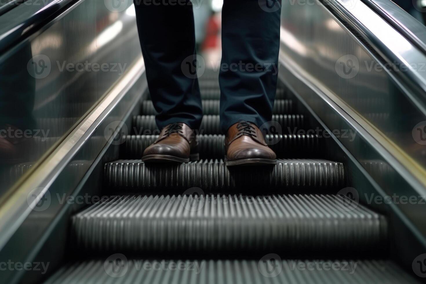 homem de negocios pernas dentro uma terno e sapatos baixa escada a escada rolante compras Centro generativo ai foto