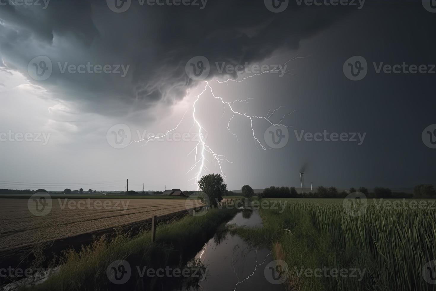 dramático relâmpago raio parafuso greve dentro luz do dia rural em torno da mau clima Sombrio céu foto