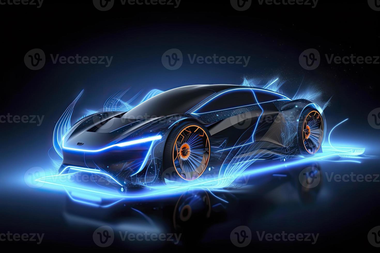 carros elétricos de velocidade abstrata na ilustração, carros elétricos são movidos por energia elétrica. energia futura. sobre fundo azul foto