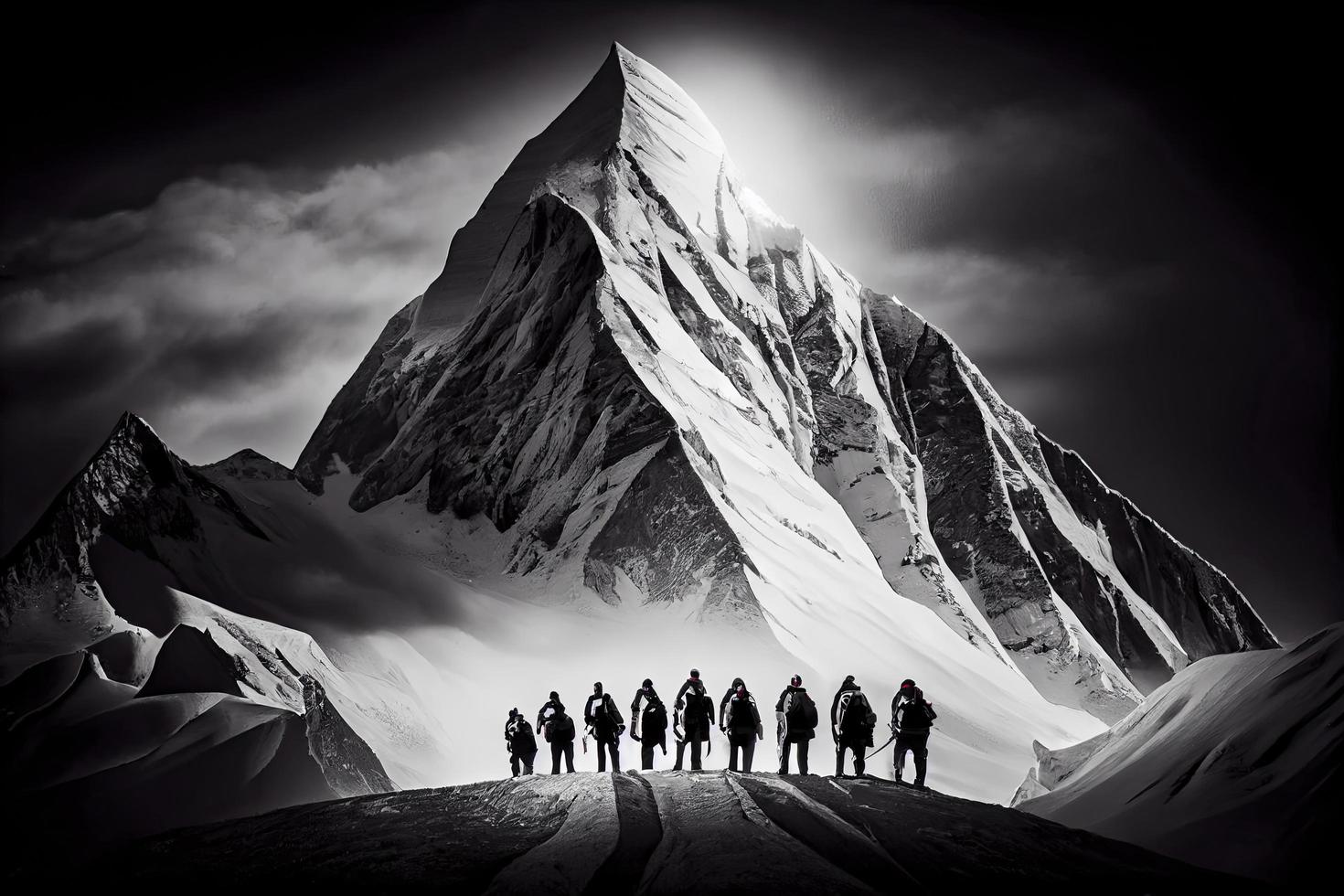 grupo do alpinistas. múltiplo Alto alpino alpinistas dentro frente do uma gigantesco montanha foto