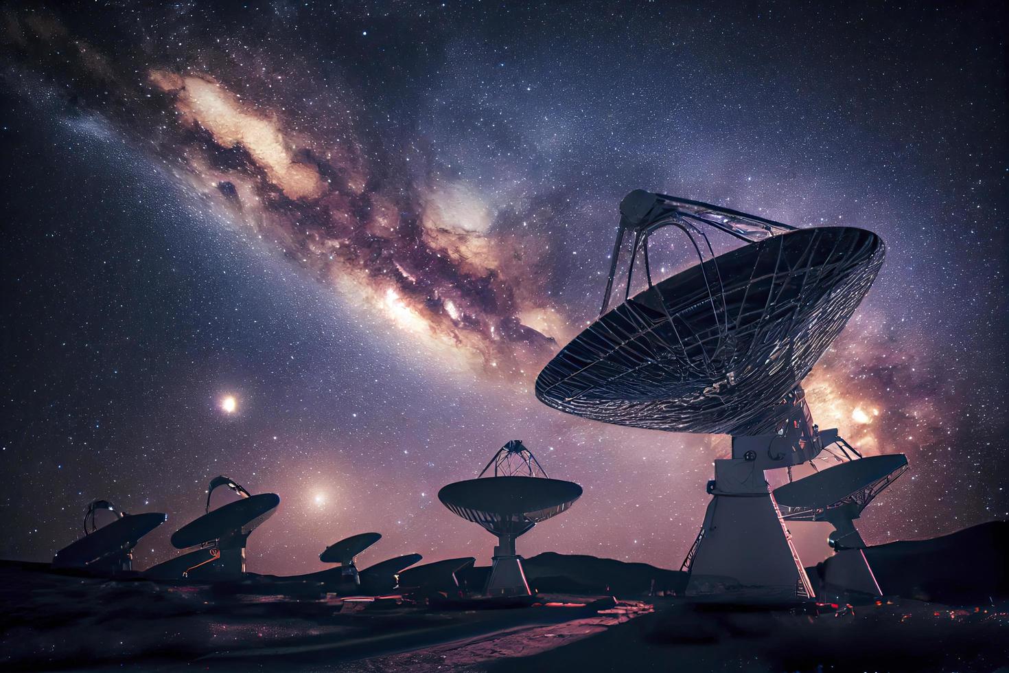 astronomia profundo espaço rádio telescópio matrizes às noite apontando para dentro espaço foto