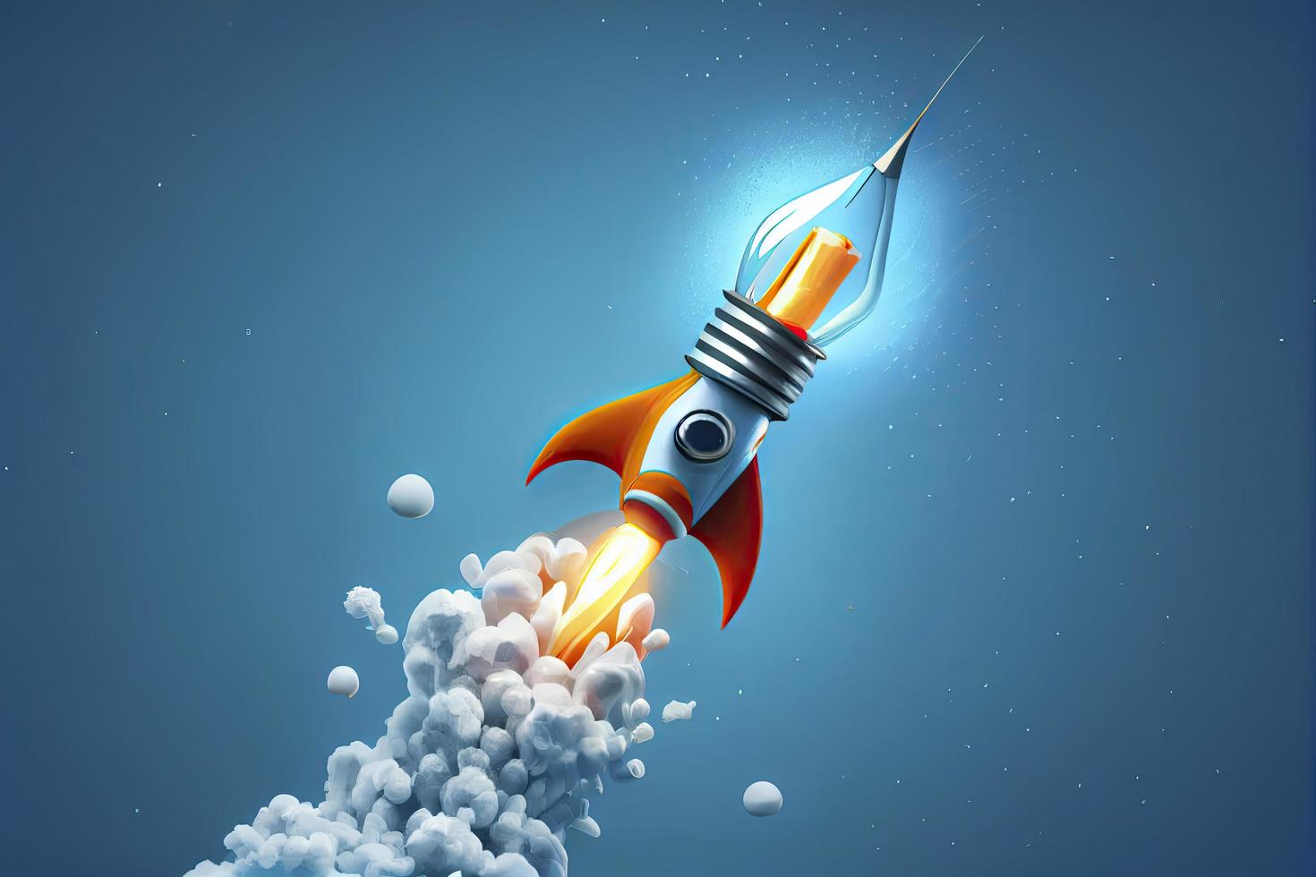Ideias inspiração conceitos com foguete lâmpada em azul fundo foto