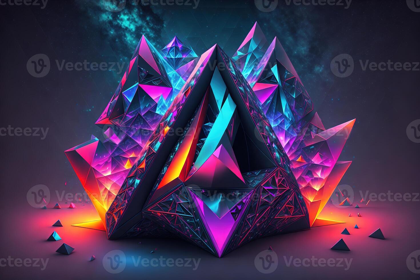 tetraedro cubos cyberpunk. abstrato surreal geométrico forma em Sombrio fundo de ai gerado foto