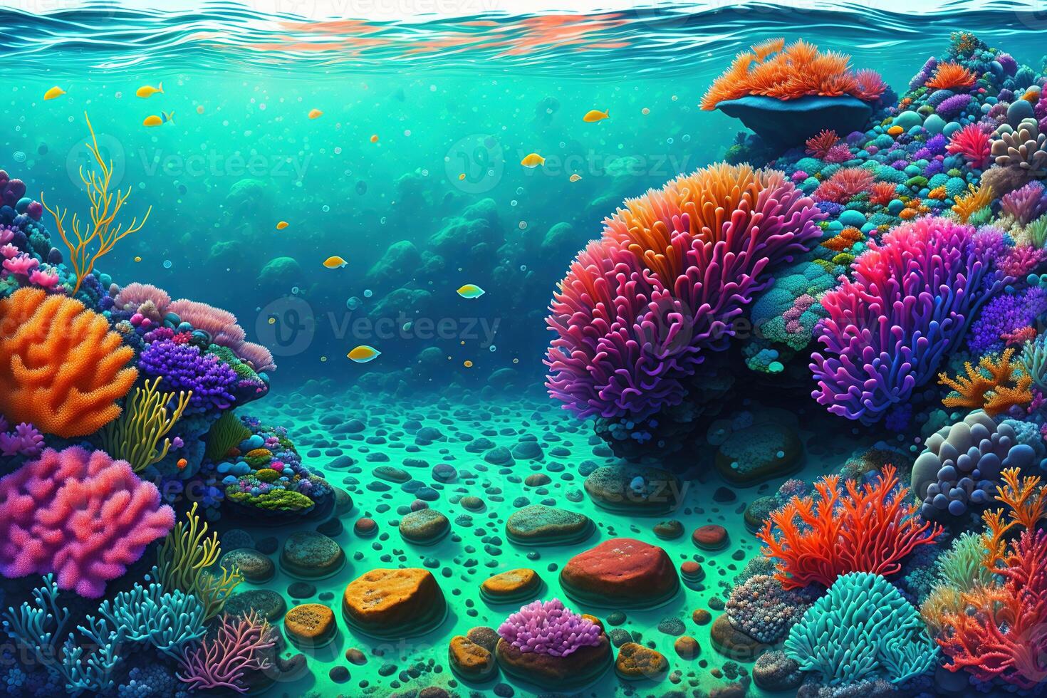 colorida mar fundo com rochoso inferior pedregulhos algas e corais de ai gerado foto