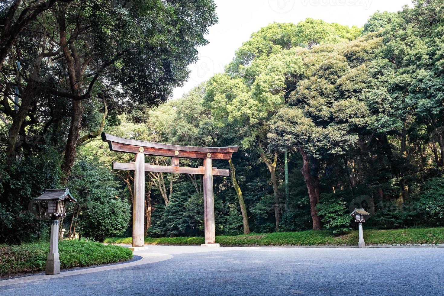 portal torii de madeira no santuário xintoísta, meiji-jingu em tokyo, japão foto
