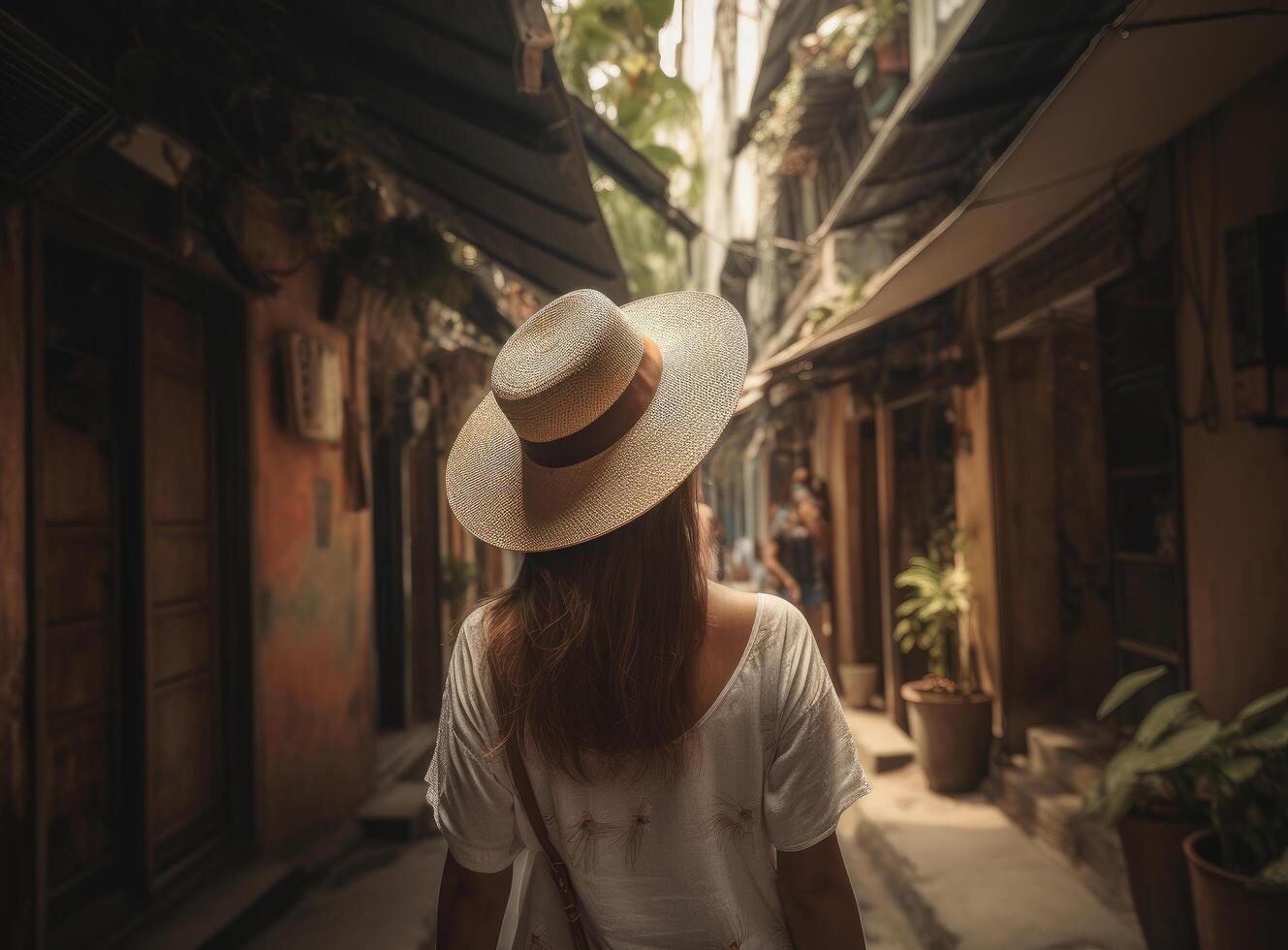 menina vestindo uma chapéu Como ela anda em dentro a limitar rua. ilustração ai generativo foto