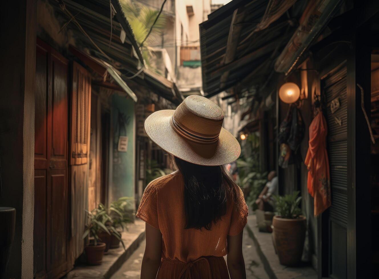 menina vestindo uma chapéu Como ela anda em dentro a limitar rua. ilustração ai generativo foto